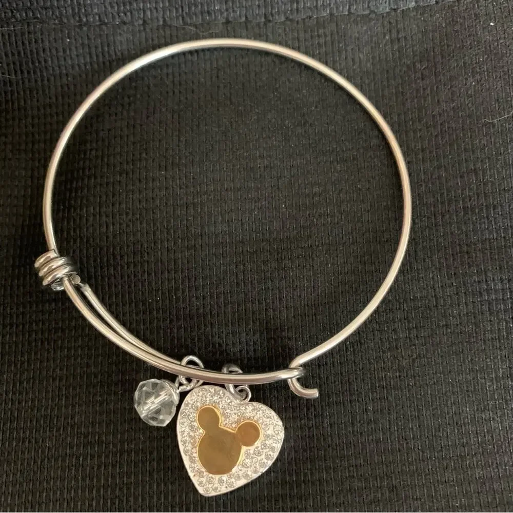 Disney Rhinestone Mickey Heart Charm My Heart Belongs To You Wire Bracelet - Picture 2 of 5